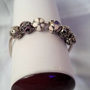 Elegant Pandora Silver Charm Bracelet 7" With Pave Cz Clasp